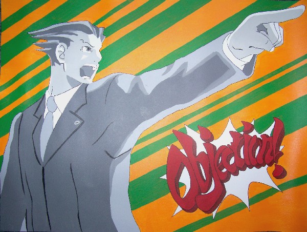 La palabra "Objection!" junto con el protagonista del videojuego "Phoenix Wright: Ace Attorney"